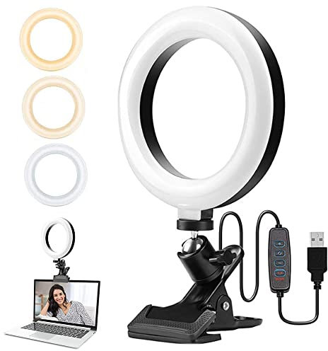 Lumière Vidéo Conférence, 16cm / 6.3pouces Anneau Lumineux avec Clip, Portable Lumière Anneau, avec 3 Couleurs et 10 Luminosité Réglable, pour L'apprentissage à Distance, Vidéoconférence, Selfie