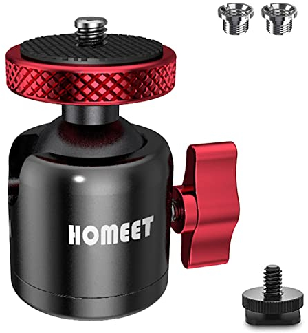 Homeet Mini Ball Head Tripod Head 25 mm Ballhead Diameter 10 kg Maximum Load Metal Ball Head 1/4 Inch & 3/8 Inch Thread Hole with Nut and Hot Shoe Adapter for All Camera/Tripod/Monitor/Light