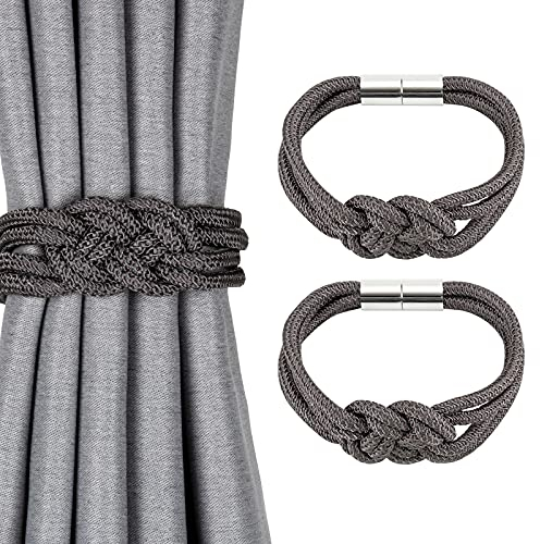 Pretty Jolly 2 Stück Starke Magnetische Raffhalter für Vorhänge, Dekorative Vorhang-Raffhalter, Handgewebtes Seil, Knoten-Vorhanghalter für Zuhause und Büro, Fenstervorhänge (Dunkelgrau)