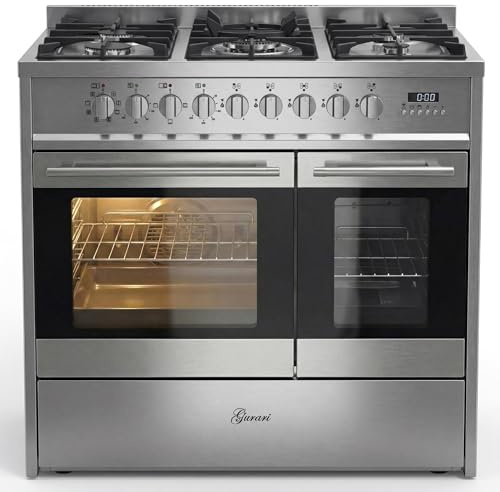 Gurari Edelstahl Standherd 90 cm GCH E 916 X Gasherd mit 2 Elektro Backöfen, 5 Gasbrenner, Gusseisenroste, Multifunktionsbackofen 59L + 30L, Wok-Adapter, Erdgas/Propangas, Range Coocker
