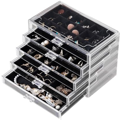 Frebeauty Acryl-Schmuck-Organizer, Ohrring-Organizer, Box mit 5 Schubladen, stapelbarer Ohrringhalter für Ringe, Ohrstecker und Armbänder (schwarz)
