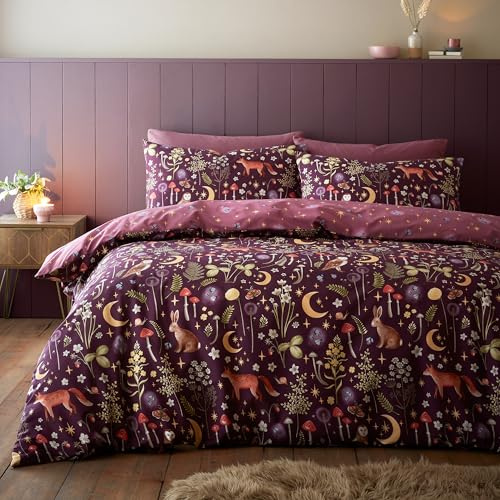 Catherine Lansfield Enchanted Twilight - Set copripiumino matrimoniale reversibile con federe, colore: prugna