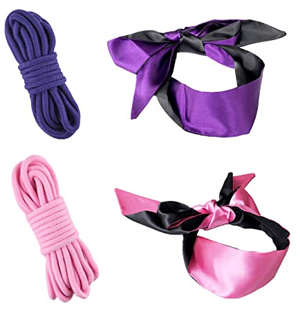 4 set di corde in morbido cotone per rilegatura 5 m lunghezza 8 mm di spessore multiuso durevole corda lunga 2 pezzi (nero/rosso)+2 pz raso di seta benda maschera per gli occhi per i giochi di sonno