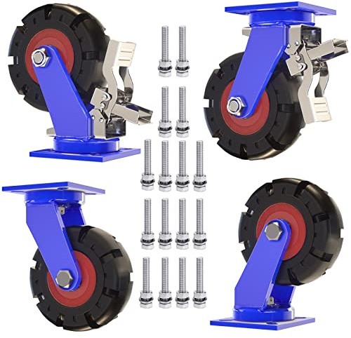 WORDFUN Industrial Heavy Duty Caster Steel Plate Rubber Wheel 2 with and 2 Without Brakes, Silent Shock Absorption Castor with Screws, Diameter 150mm/200mm/250mm/300mm, for Wheelbarrow/Tool Cart