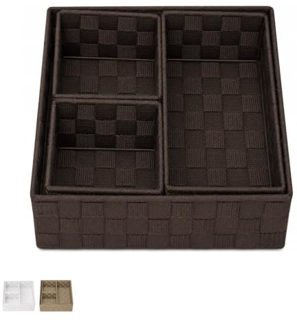 VIRSUS Cassetti Portaoggetti in Tessuto impilabili 5703, Trama intrecciata 3 Scomparti interni, misura 26x26x9,5 cm, contenitore salvaspazio, Organizer accessori bagno (Marrone)