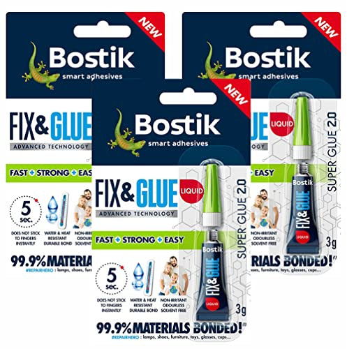 3 x Bostik Fix & Glue Liquid Super Glue for Instant Bond in 5 Seconds | Non-Hazardous, Non-Irritant, Odourless, Solvent-Free & Water-Resistant | For Bonding Most Materials | 9g in Total
