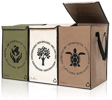 Shiva Green Mulltrennsystem 3fach - Altglas Sammelbehälter - Recycling System - Leergut Sammelbehälter - Altpapier Sammler - aus Plastik und Glas mit Deckel