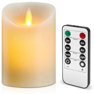 Lerelin LED Candle, Battery Operated with Timer, Pillar Flickering Flameless, Ivory, Acrylic, Remote Control, 7.5 x 10cm