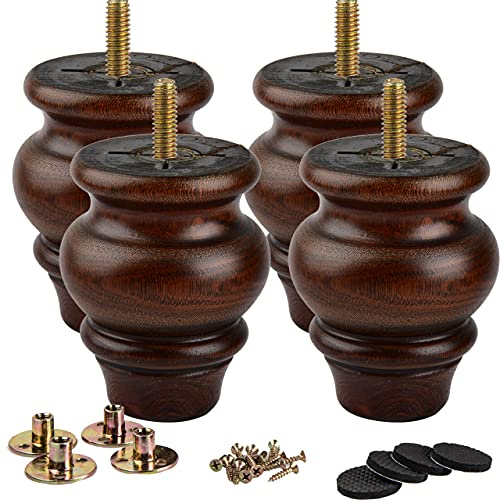 La Vane 3.5 inch Solid Wood Bun Feet for Furniture Set of 4 – Glaze | Classic Style, M8 Bolts & Plates includ., Small Size, Fits Sofa Ottoman Cabinet, Easy DIY for Toe Kicks & Furniture Upgrade
