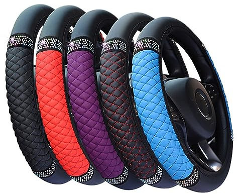 Yurosiay Glitzer Auto Lenkradhülle Universal PU Leder Lenkradbezug Bunt Leder Bestickte Strass Lenkrad Abdeckung Anti Rutsch Elastische Lenkradschutz Auto Glitzer Lenkradschoner 38cm Blau