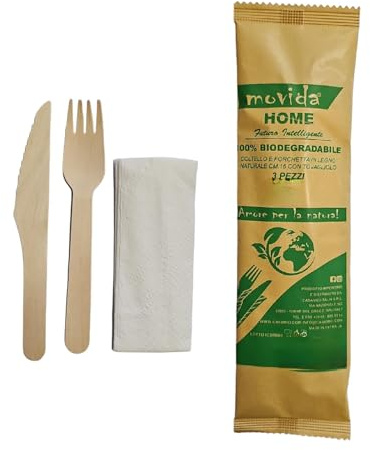 Set Posate Usa e Getta Imbustate - Posate Monouso in Legno 16 CM,Forchetta Coltello Biodegradabili - no plastica - con Salvietta e Forchette Usa e Getta (forchetta coltello tovagliolo 50 pezzi)