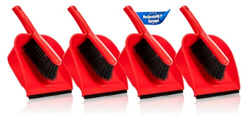 BigDean 2 Stück Kehrschaufel Set in Rot – Handfeger mit stabilen + robusten Borsten und Schaufel – Kehrblech aus hochwertigem Kunststoff – Haushalts Besen Kehrset – Made in Europa