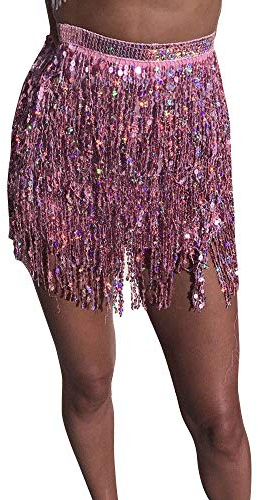 Pailettenrock Für Damen Quaste Glitzer Rock Kurz Sexy Mini Skirt Bauchtanz Hüftrock mit Elastische Taille Party Lametta Fransenrock Karneval-Rave-Outfit für Frauen und Mädchen