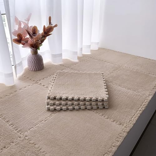 20 Piece Jigsaw Puzzle Playmats,Interlocking Carpet Tiles with Border,Plush Foam Floor Mat,Living Room,Bedroom,30 Cm and 60 Cm(Size:12x12x0.23 Inch,Color:Apricot)