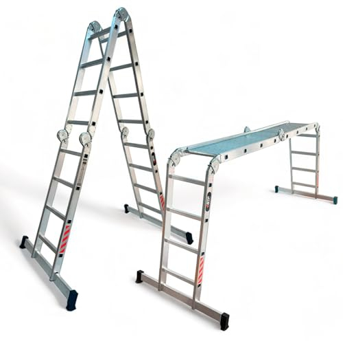BTF | Scala multifunzionale in alluminio articolata pieghevole, 16 gradini, 4 x 4 da 4,2 m di estensione | Scala multiuso fino a 13 posizioni, tutto in 1: supporto, forbici e ponteggio c/piattaforma