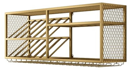 Weinregal Wand Metall Flaschenregal Schmal Bar Regal Wand Wine Rack Barschrank Vitrine Hängend Weinschrank Getränkeregal Küchenregal mit Weinglashalter für Hausbar Esszimmer Wohnzimmer ( Color : Gold