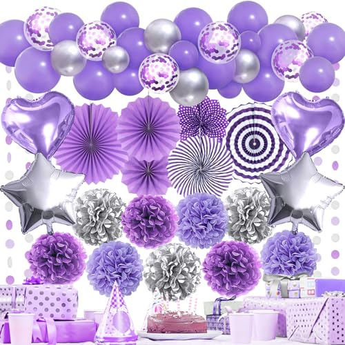 Recosis Lila-Silber Party-Dekorationen – Papier-Pompon-Ballon-Girlande, Lavendel-Partyzubehör für Frauen und Mädchen, Les-Lala, Junggesellinnenabschied, Hochzeit, Abschlussfeier