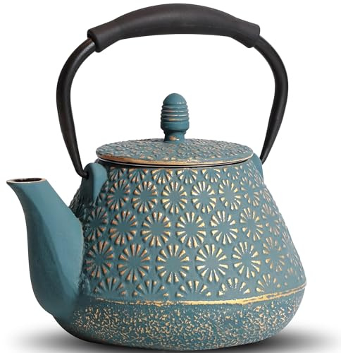 GUANGHEIRON Teekanne Gusseisen 950ml – emailliert mit Sieb Blau | Japanische Teekanne mit Teesieb, emaillierte Innenseite, Silikongriff, Geeignet für Herd, ideal für Tee Geschenk