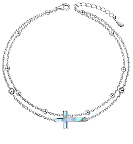 DAOCHONG Cross Layer Fußkettchen für Frauen S925 Sterling Silber Kreuz Perlen Charm Fußkette Abalone Muschel Boho Strand Doppellagige Fußkettchen Armband Verstellbar 22,9 bis 26,7 cm