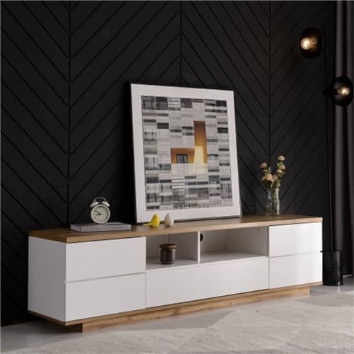 Moderner Farbblock-tv-Schrank In Weißem Hochglanz Und Holzmaserung, Mit Gittertürdesign Für Unverwechselbare Wohnzimmerästhetik Und Einzigartigen Einrichtungsstil