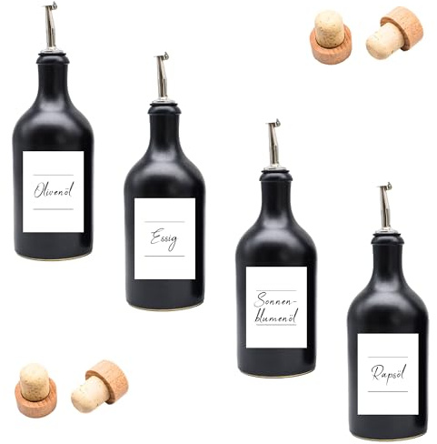 Generisch Ölflaschen-Set aus Keramik - mit Edelstahl-Ausgießer und Holzkorken wasserfeste Etiketten - 500ml (4er Set)