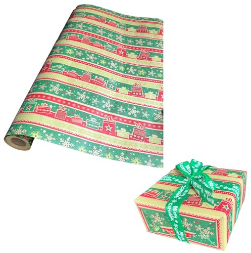 Kraft omslagspappersrulle, julklapp presentförpackning snöflingor julklapp presentförpackning med strängar 100 % återvinningsbar eco present till födelsedagspresent fest baby shower juldekor, 43 cm x