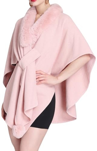 LIUYUYOUGO Women Winter Faux Fur Shawl Stole Warm Wrap Cape Shrug With Fur Collar Knitted Poncho Elegant Open Front Knitted Cardigan Winter Woolen Coat Ruana Cloak Pink
