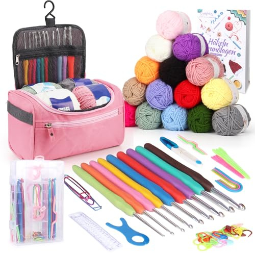 Coopay Set all'uncinetto portatile per principianti, set di uncinetti con 15 lana, borsa, accessori all'uncinetto, uncinetti ergonomici con manico morbido e ago in metallo, 2,0 – 10 mm, pratici