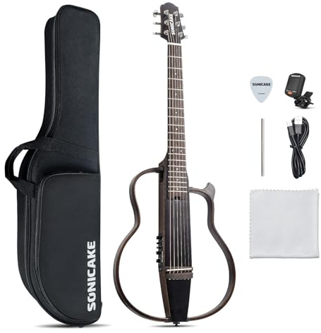 SONICAKE Guitarra Acústica-Eléctrica Portátil Cuerpo de Caoba Maciza, Marcos Fáciles de Montar, Preamplificador Sim de Múltiples Formas de Cuerpo, Funda y Accesorios QGT-01