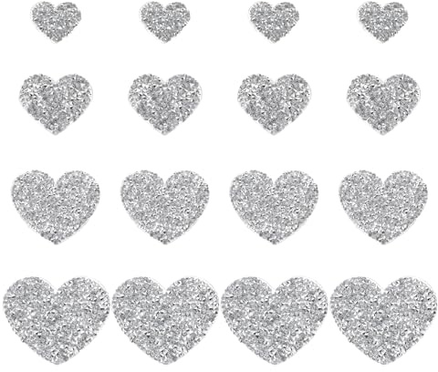 PATIKIL 4 Sizes Heart Rhinestone Patches, 16 Pcs Heart Shape Iron on Applique Patches Rhinestone Applique Glitter Crystal Patches Sewing for Shoes Clothes Pants Bags, Silver White