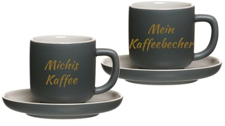LUXENTU Espressotasse mit Gravur & Untertasse, Grau, 90 ml, 2 Stück | Personalisierte kleine Tasse aus Steinzeug mit goldgefärbter Beschriftung zum Geburtstag für Kaffeeliebhaber