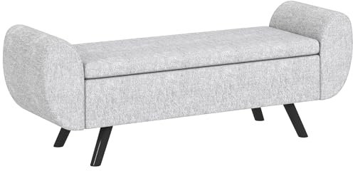 HOMCOM Storage Ottoman with Armrest, Upholstered Linen Storage Bench, Window Seat with Rubberwood Legs, Footstool for Bedroom Living Room, Hallway, Light Grey