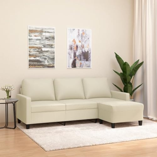 MOBCANT 3-Sitzer-Sofa mit Hocker Creme 180 cm Kunstleder Sofagarnitur Couch Couchgarnitur Modulares Sofa für Wohnzimmer Schlafzimmer Büro Wohnung