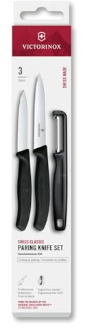 Victorinox Swiss Classic Set di coltelli per verdure con pelapatate, spelucchino e coltello per pomodori, 3 pezzi, lama diritta e seghettata, acciaio inox, Nero