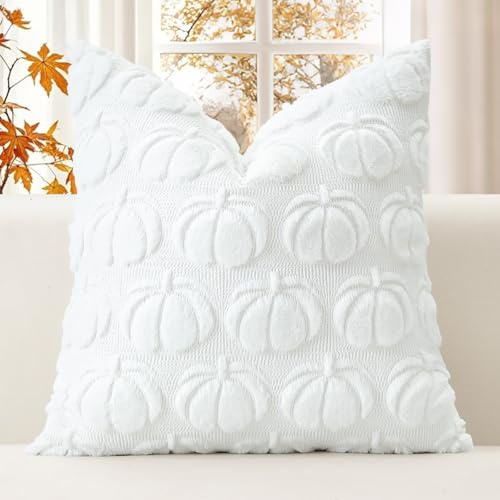 JOTOM Fundas de Cojín Calabaza 45x45cm de Lana de Peluche de Piel Falsa Suave Decorativas para Sofá Dormitorio del Hogar Otoño Acción de Gracias Blanco