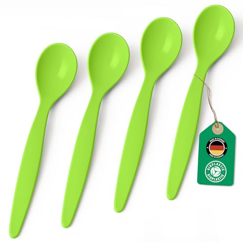 Bio Löffel 4er Set – 14 cm Mehrweglöffel Eierlöffel BPA-frei, spülmaschinengeeignet & recycelbar – aus Zuckerrohr, leicht & schadstofffrei – ideal für Kinder, Picknick & Alltag – Made in DE - Hellgrün