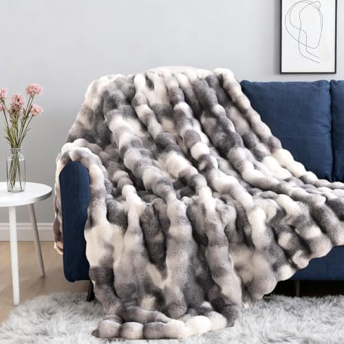 Bubble - Morbida coperta double face, in flanella e finta pelliccia di coniglio, super morbida, 1000 g/m², spessa e calda, per letto, divano, soggiorno e ufficio (grigio Batik, 100 x 160 cm)