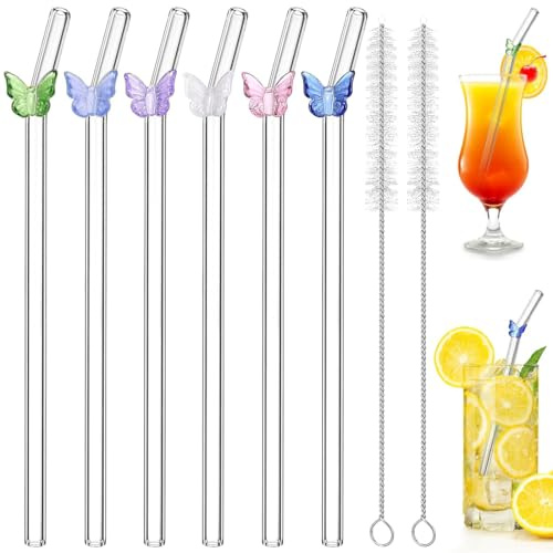 Juego de 6 pajitas de vidrio reutilizables con forma de mariposa, 6 pajitas de vidrio dobladas de 20 cm de largo, con 2 cepillos de limpieza, perfectas para jugos, cócteles, batidos, café y leche