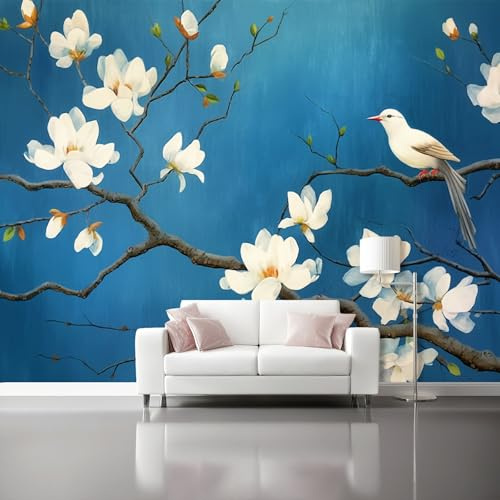 Carta da Parati Panoramica, Vintage Fiori Uccelli Murale Artistica Fotomurali - Blu Scuro Carta da Parati per Soggiorno Ufficio TV Sfondo al Chiuso Decorazione 150 x 105 cm