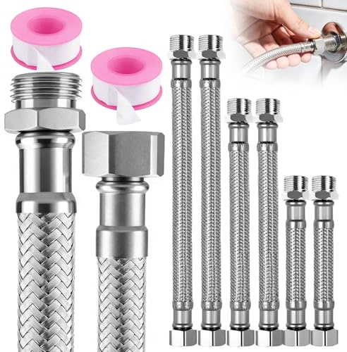 3/8 tum rostfritt stål flexslangsats – 6 stycken flexslang 3/8 (10 cm/20 cm/30 cm) + 2 tätningstejp, rostfri pansarslang 3/8 tum för kran, hörnventil, kök, badrum, vattenkran förlängning