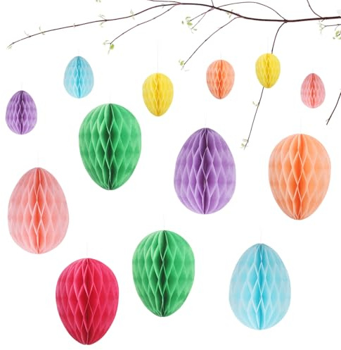 OMIGA 14 Stück Ostern Deko Ostereier Papier Wabenbälle Osterdekoration | zum Aufhängen Osteranhänger für Innen und Draußen Deko Frühling