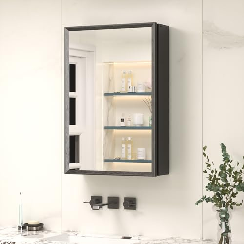 Keonjinn Bathroom Mirror Cabinets 41 x 61 cm, Assembly Required, Black Aluminum Frame Mirrored Bathroom Cabinet Wall Mounted with Storage, Adjustable Shelf Wall Cabinet with Mirror, Single Door