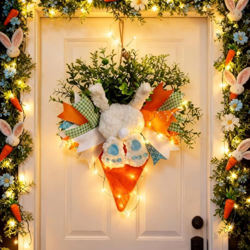 Türkranz Osterdeko mit LED Lichterketten Haustür Türkränze Ostern Hase Lichterkranz Hängedeko Batteriebetrieben Osterdekoration Frühlingskranz mit Farbe Band Osterkranz mit Künstliche Pflanzen (Blau)