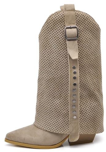 IF Stivaletti Texani Donna con Effetto di Sovrapposizione, Decorazione Esterna Traforata, Borchie cinture e fibbie G715 beige N.38