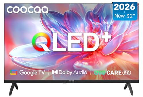 coocaa Smart TV 32 Zoll, 80cm, QLED HD Fernseher kompatibel mit Google TV, HDR10, Dolby Audio, Bluetooth 5.1, EyeCare, Google Cast, Triple Tuner (DVB-T/T2/C/S/S2, CI+), 2026 Upgrade-Modell