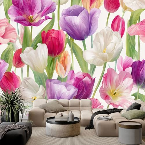 Generico Carta Da Parati Fotomurale Acquerello Fiori Piante Foglie, Carta da Parati Panoramica Decorativa Viola Rosato - per Soggiorno Corridoio Ufficio 150 x 105 cm (L x A)