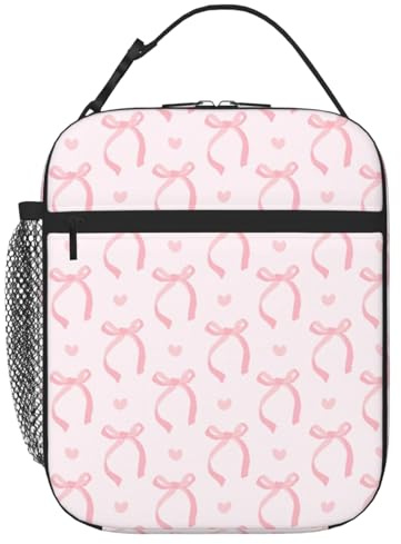 EDLMKM Insulated Girl Lunch Bag Pink Bow for Women Girls, Cute Pink Butterfly Bow Girl Lunch Bag, Tough & Spacious Cooler Bags Bento Lunch Boxes for Adults & Girls, for Work School Picnic Travel