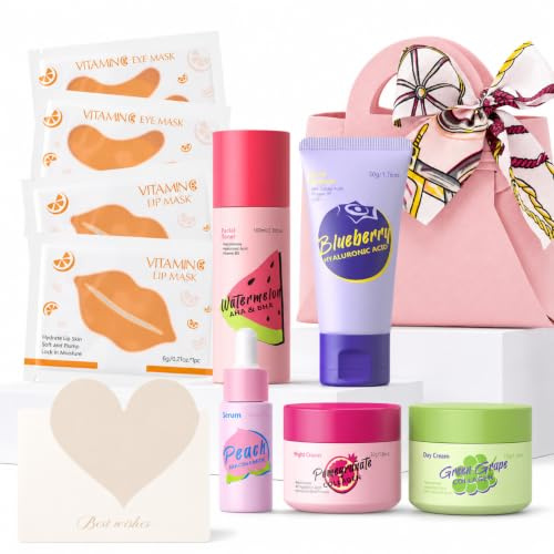 Fruit Skincare Set, 9 pièces Coffret Soin Visage Ado Fille | avce Nettoyant Tonique Sérum Crème de Jour et Nuit Masques Yeux et lèvres, pour Nettoyer Hydrater Nourrir Apaiser