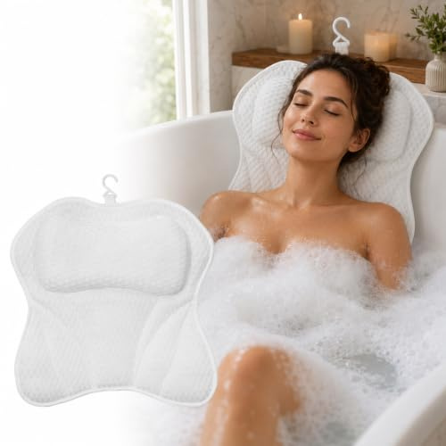 Badewannenkissen, Nackenkissen Badewanne mit 6 starken Saugnäpfen, Badewannenkissen Nacken, mit 4D-Air-Mesh-Technologie, für Nacken Rücken, Badewanne und Home Spa, Weiß