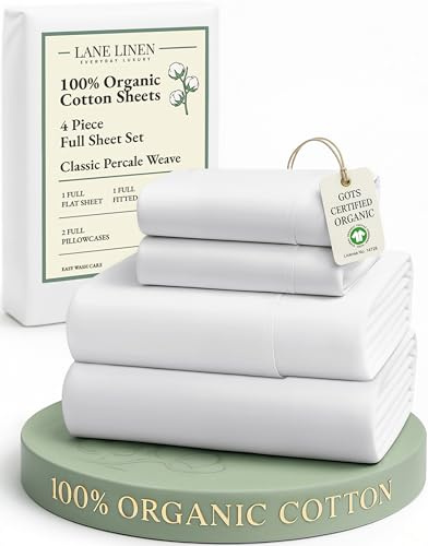 LANE LINEN 100% Organic Mercerized Cotton Pre Washed Full Size Bed Sheets, Soft & Comfy Low Pill Fade Resistance Fully Elasticized Oeko Tex Certified 15 Deep Pocket Full Sheet Set - White